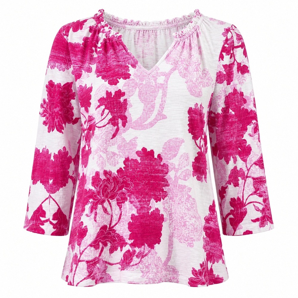 Chico's Floral Knit Top Women Size 2 Pink White Ruffle V-Neck 3/4 Sleeve Spring